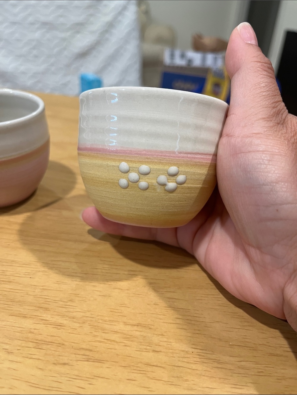 Japanese Handcrafted Ceramic tea  Cups in Cream, Pink & Yellow